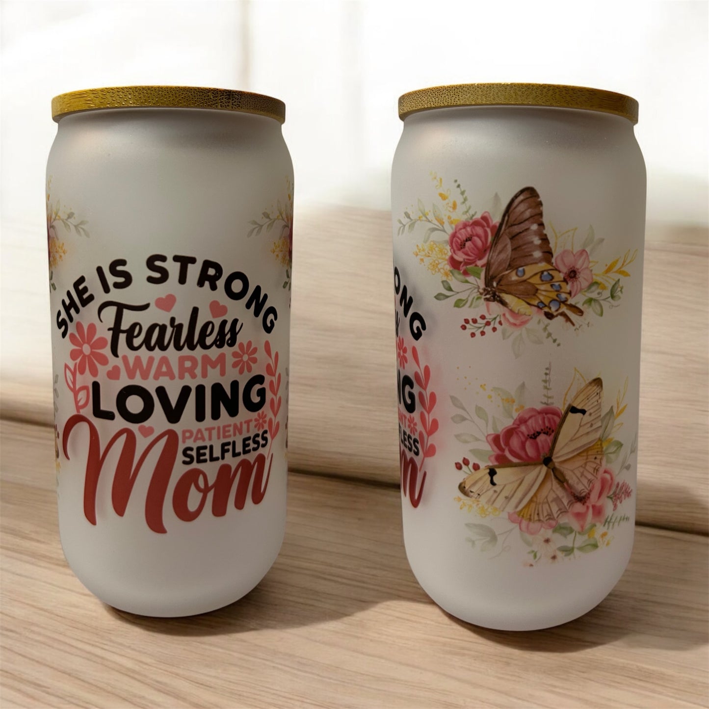 16oz Mom Frosted Glass Tumber: She is Strong