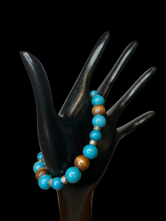 Blue Beaded Bracelet with Accents of Wood